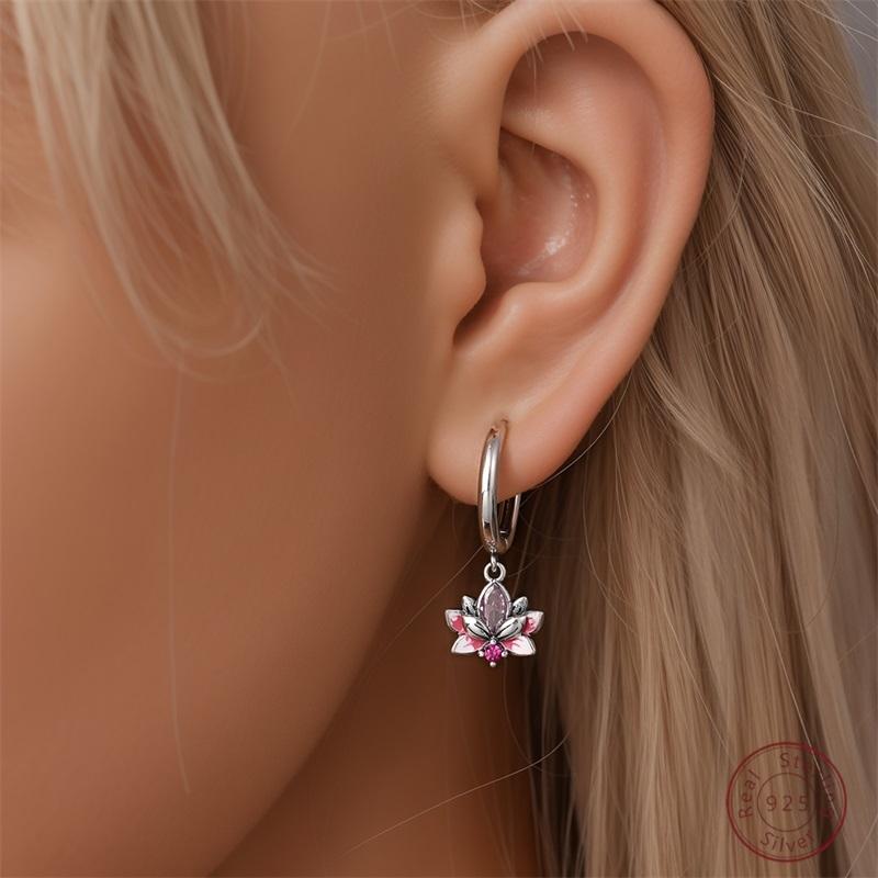 Hot 925 Sterling Silver Earrings Charm Simple Shining Lotus Zircon Wedding Women Jewelry Gift