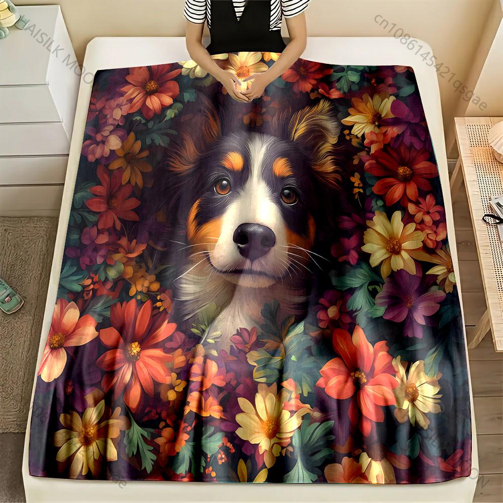 

1PC Puppy Surrounded By Flowers Pattern Blanket Flannel Material Soft Warm for All Seasons, Home Outdoor Camping Picnics RV 75x90cm