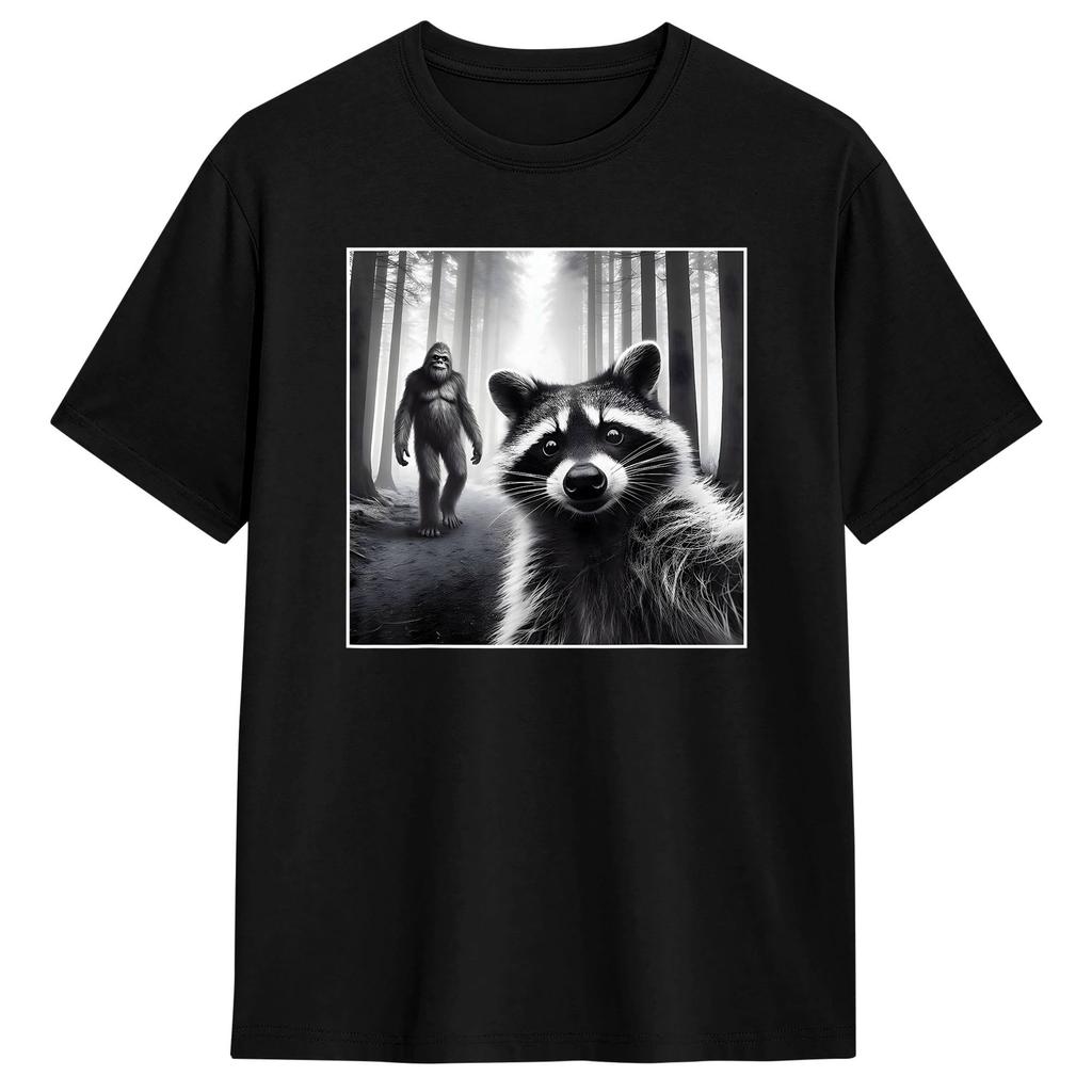 Funny Raccoon Selfie With Bigfoot Tshirt Summer Harajuku Tshirts Cotton O Neck Plus Size Clothing Short Sleeve Awesome Tops