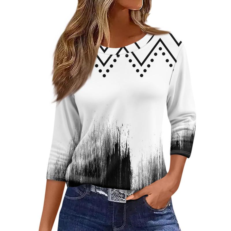Women's Fashion Casual Round Neck 3/4 Sleeve Loose  Printed T-Shirt Ladies Top Dressy Tops for Women Trendy Womens Summer Tops