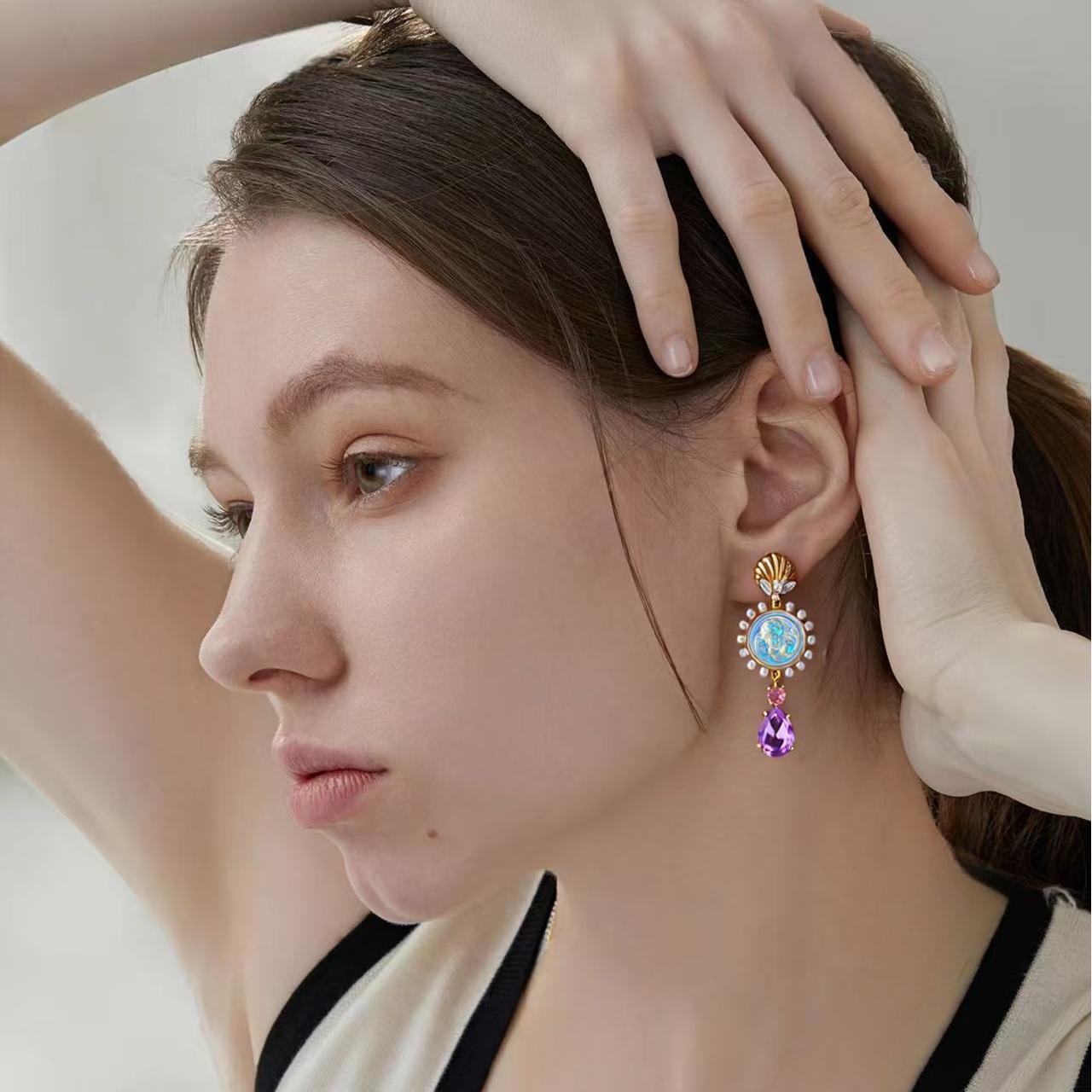 Medieval Niche Style Enamel Craftsmanship Retro Designer Cat Relief Angel Necklace Bracelet Stud Earrings