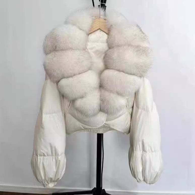 Big fox fur collar new high-end fur white duck down foreign gas down jacket high waist short coat