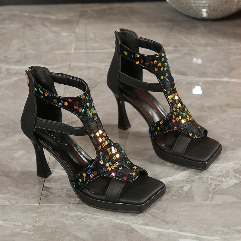 

Летняя Новая Мода Квадратный Носок Задняя Молния Высокий Каблук Модная Повседневная Большой Размер Женская Перекрестный Ремешок 40