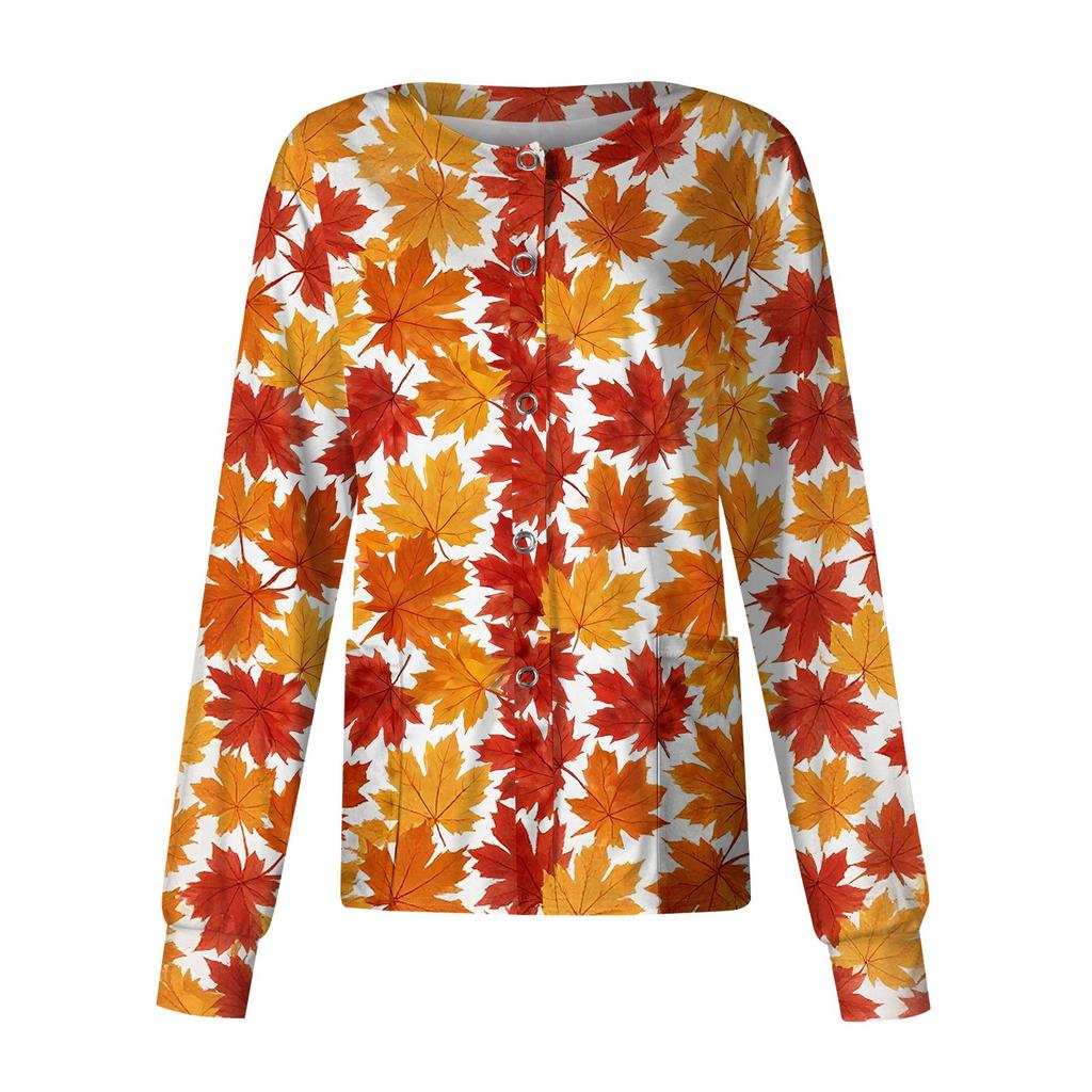 Women's Long Sleeve Single Breasted Leaf Print Cardigan for Work Uniform