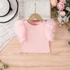Girls Sweet Mesh Sleeve Top With Ruffle Round Neck