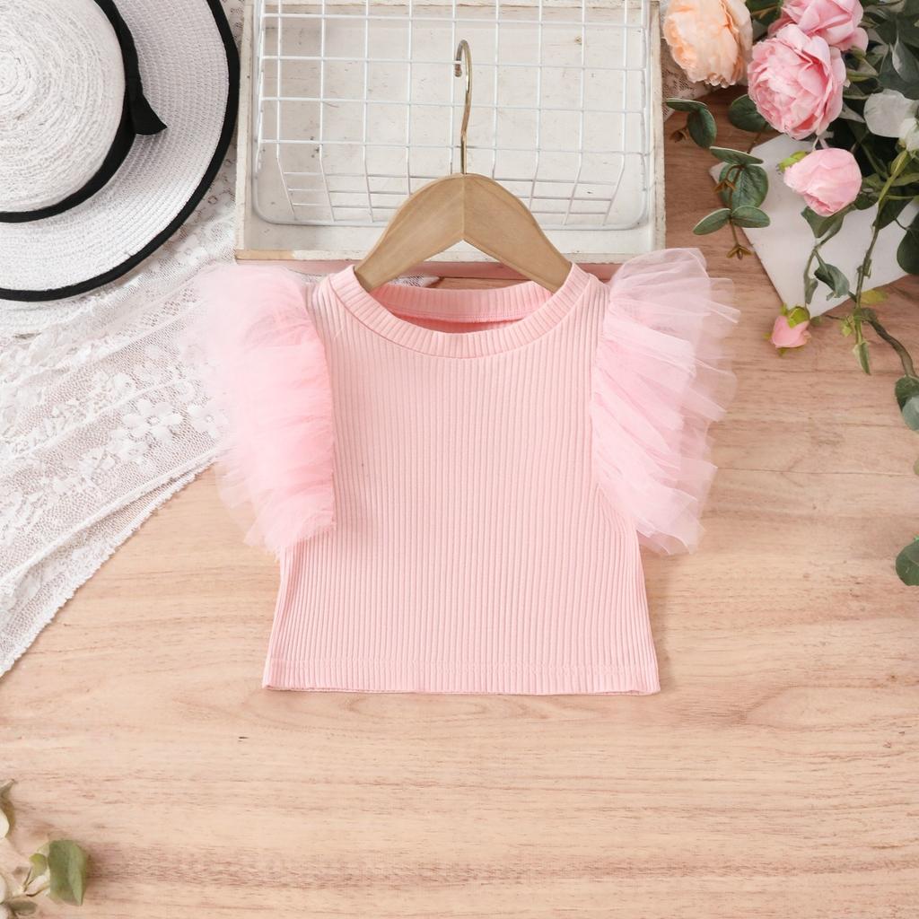 Girls Sweet Mesh Sleeve Top With Ruffle Round Neck