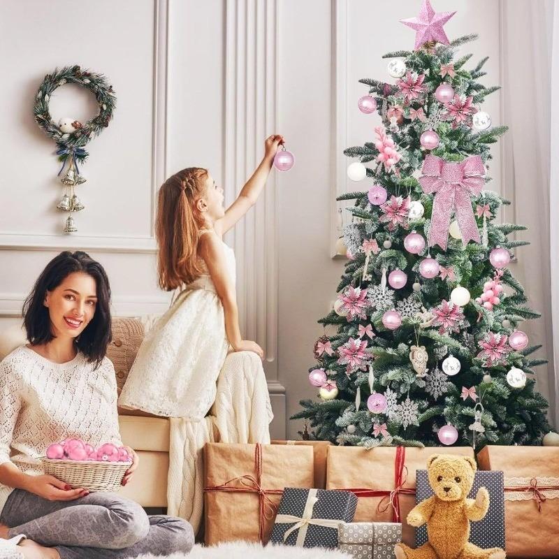 Vánoční stromek dekorace 2026 růžové koule ozdoby třpytivé vánoční hvězdy květy bobule stonky sněhové vločky mašle domácí dekorace DIY dárky