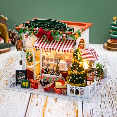 DIY Dřevěné Puzzle Veselé Vánoce Cukrárna Domečky pro panenky Miniaturní Sady S LED Světly Domácí Dekorace Pro Dospělé Děti Ručně Vyráběné Dárky