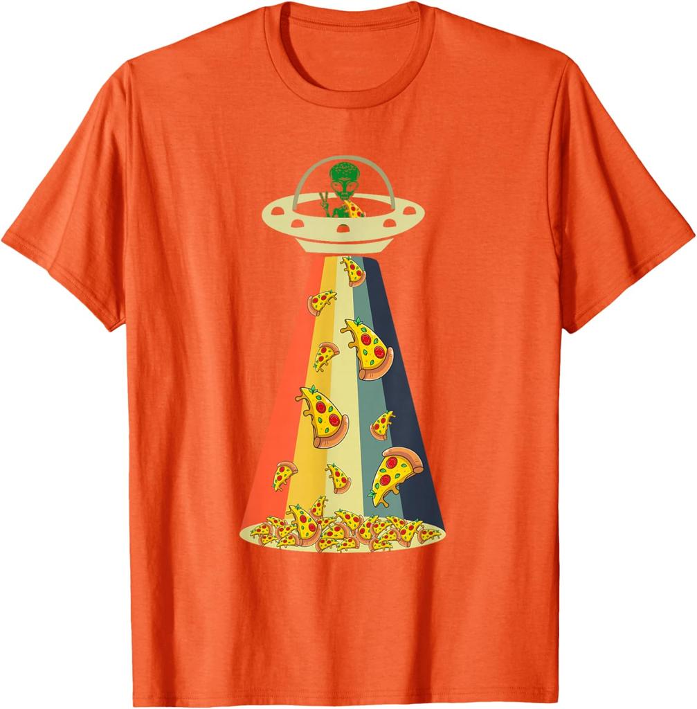 Pizza UFO Alien Abduction Graphic Retro Rainbow Light T-Shirt Funny Casual Cotton Tee
