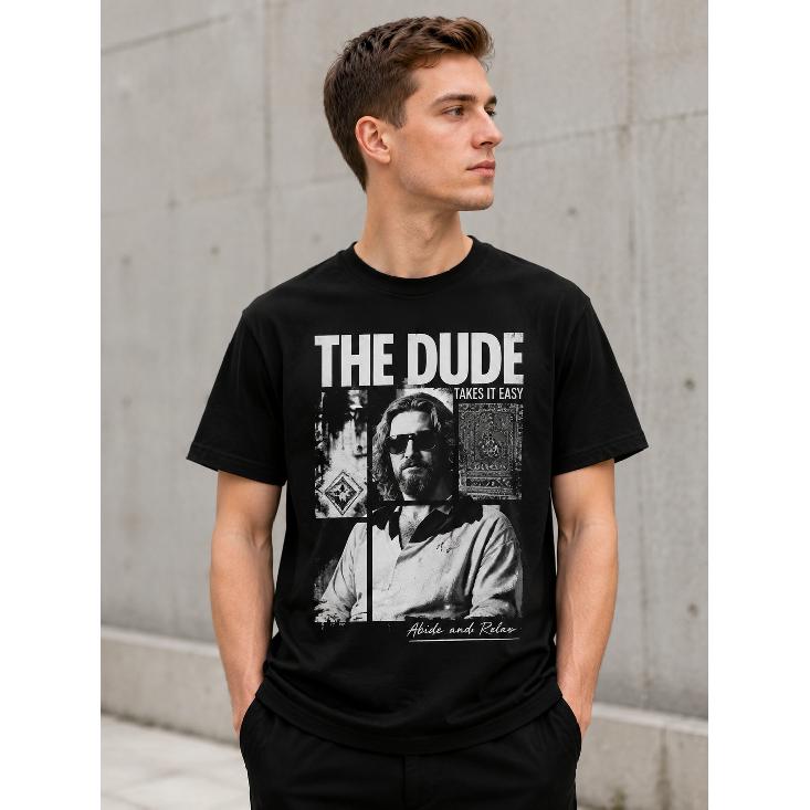 Men's Black Graphic Tee with "The Dude Takes It Easy" Print, Short Sleeve Crewneck, Soft Cotton Blend, Relaxed Fit for Casual Wear and Lounging