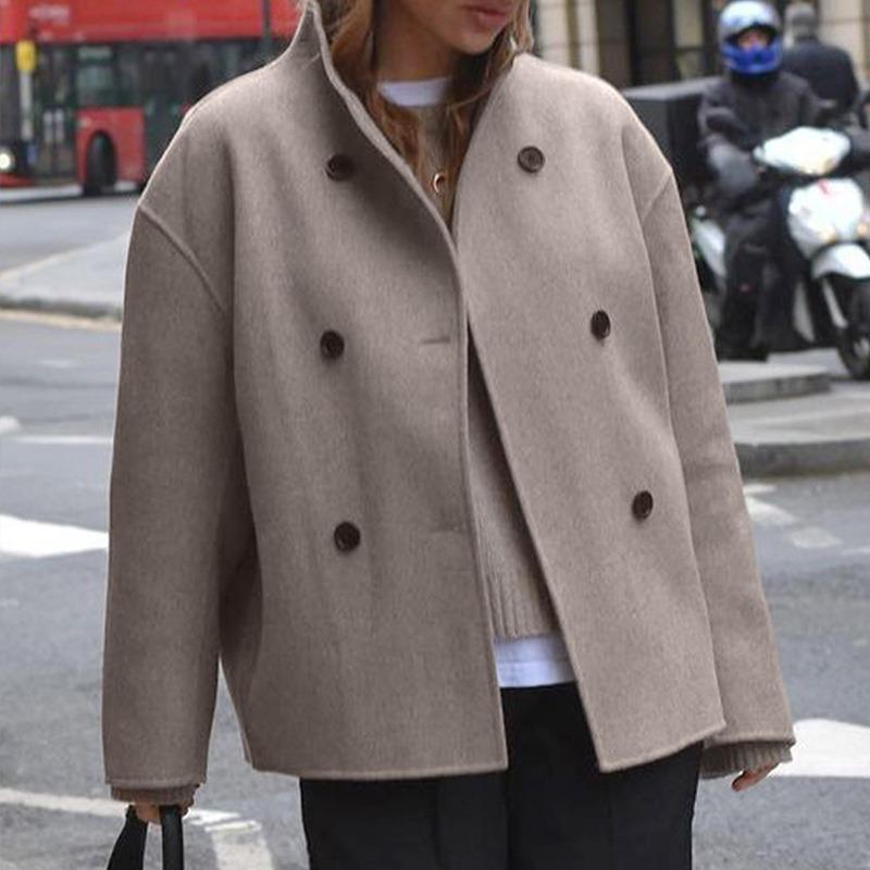 Womens Double Breasted Solid Color Woolen Coat Casual British Style Versatile Outerwear