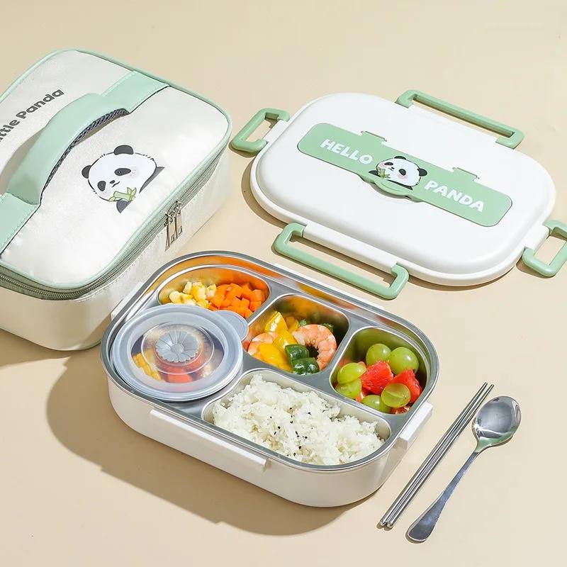 Cute Panda Lunch Box 304 Stainless Steel Office Worker Microwae Heating Bento Box with Tableware Thermal Insulation Bag Meal Box