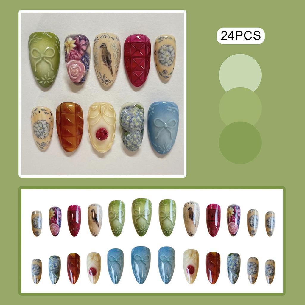 24PCS Colorful Fake Nails with Bird Printed Reusable Long Lasting Press On Nails for Women and Girl Nail Salon