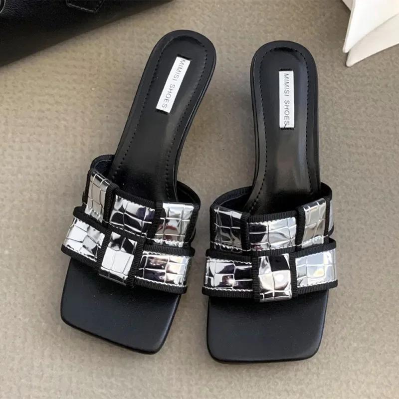 Fashion Fashion Mixed Color Kitten Heel Slippers Women Sexy Open Toe Square Toe Light Cozy Slide Sandals Summer Elegant Beach Flip Flops