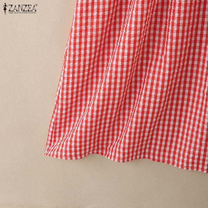 ZANZEA Women Casual V-Neck Summer Short Sleeve Plaid Print Dress