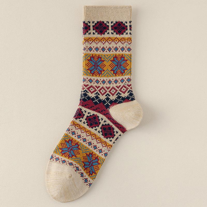 1 Pair Men Socks Cotton Autumn and Winter Thicken Warm Retro Ethnic Style Double-needle Medium Tube Socks
