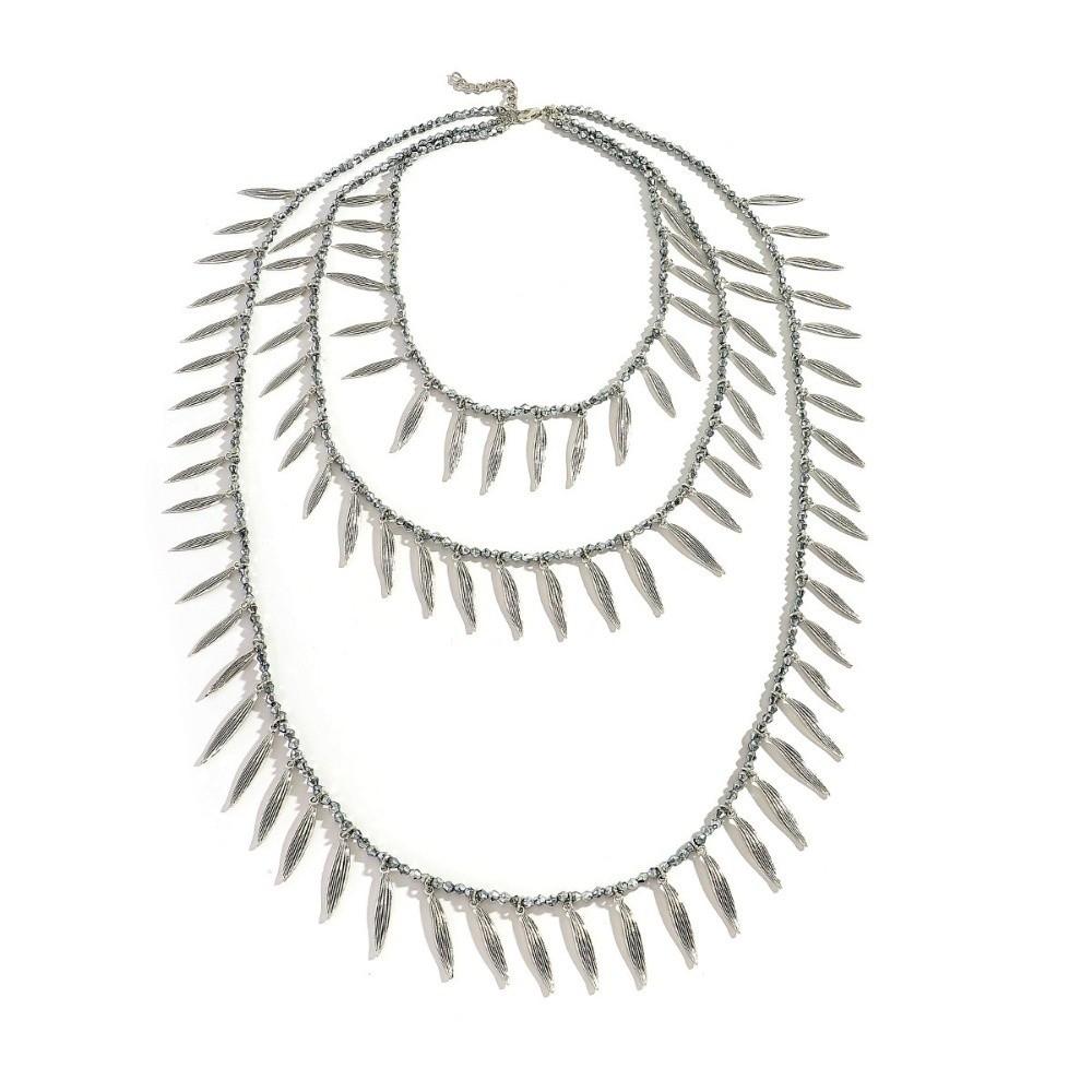 Vintage Beaded Splicing Necklace Feather Leaves Charm Necklace Women Neck Jewelry Accessories