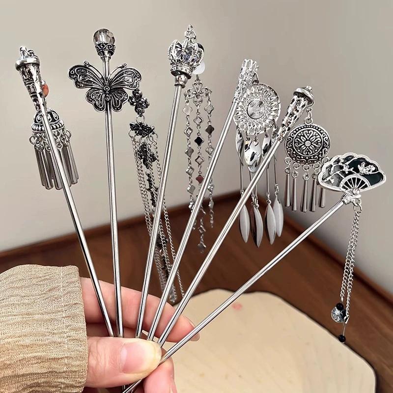 Chinese Style Butterfly Fan Tassel Hair Stick For Women Vintage Metal Hanfu Chopstick Hair Sticks Hair Accessories