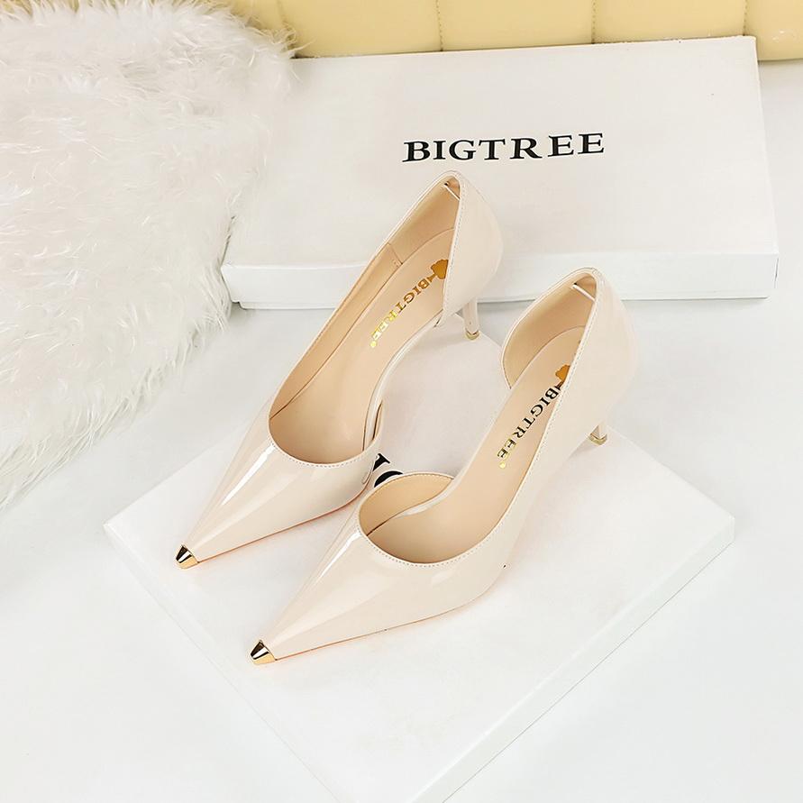 Fashion Women Classic 7cm 10.5cm High Heels Sexy Club Metal Cap Toe Pumps Lady Fashion Orange Red Kitten Low Heels Glossy Leather Shoes