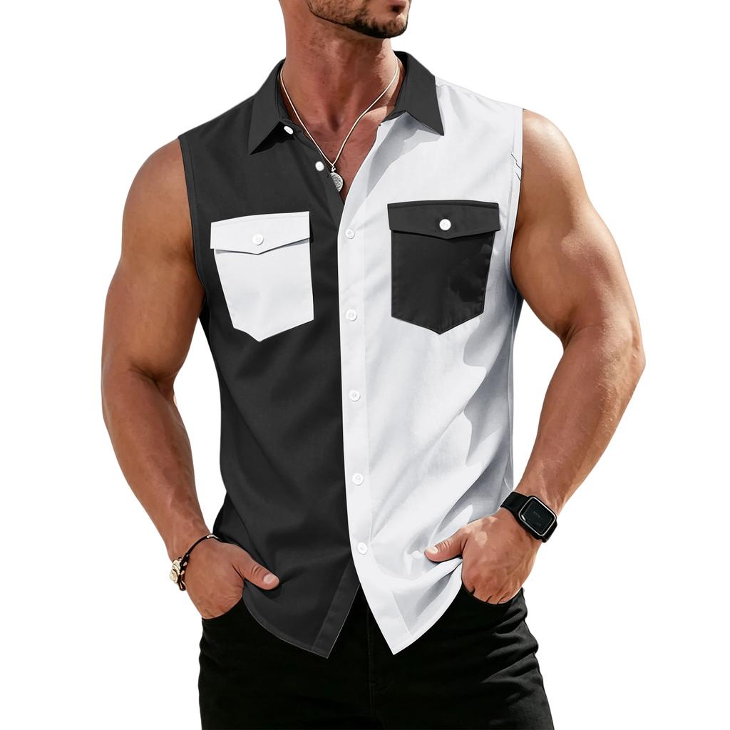 Men's Workwear Lapel Button-Down Vest Shirt - Lightweight Sleeveless Top