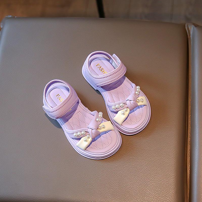 Girls sandals summer 2025 new soft-soled beach shoes little girl open-toed non-slip shoes baby pearl princess shoes