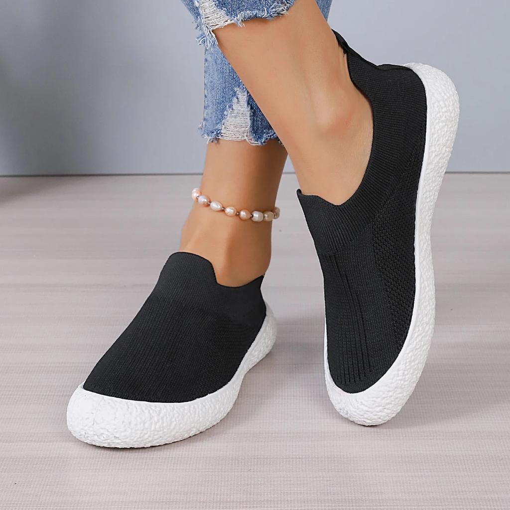 Fashion Casual Sneakers for Women Black Breathable Mesh Slip on Knitted Loafers Shoes Lightweight Soft Sole Sport Shoe Zapatos
