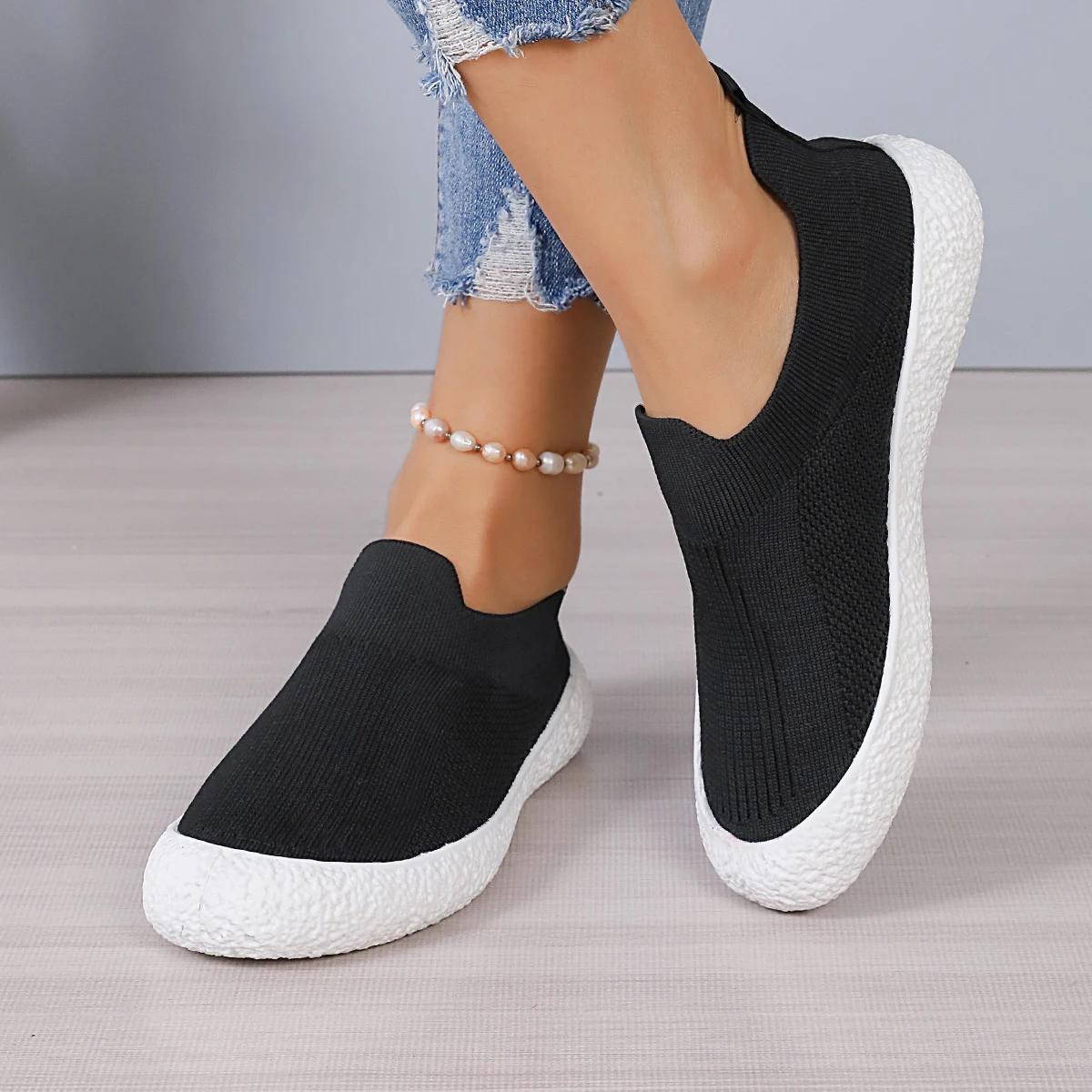 

Casual Sneakers for Women Black Breathable Mesh Slip on Knitted Loafers Shoes Lightweight Soft Sole Sport Shoe Zapatos 35 чёрный