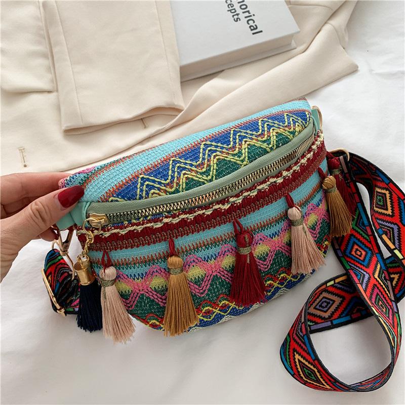 Small Chest Bag Ethnic Style Color-blocking Tassels Retro Ribbon Waist Bag Crossbody Bag