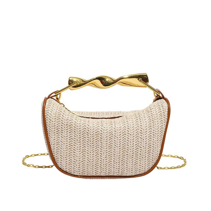 Stylish Woven Texture Pillow Bag Women Color Block Stripe Chain Shoulder Handbag Medium PU Leather Crossbody