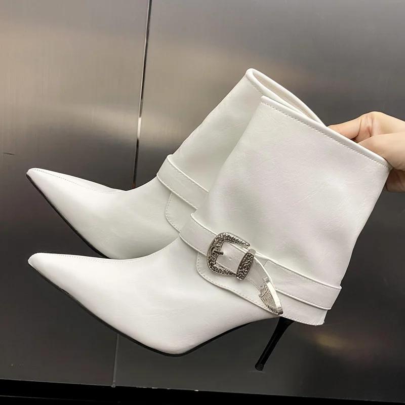 

Fashion Fashion Thin High Heel Ankle Boots Women Sexy Pointed Toe Rhinestone Belt Buckle Decoration Botas for Women Elegant Party Shoes 40 белый