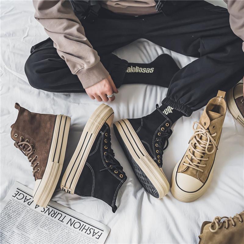 Retro Black Couples Casual Sneakers Comfort Suede Thick Sole Men's Shoes Trend Lace-up High Top Shoes Mens Vulcanized Sneakers