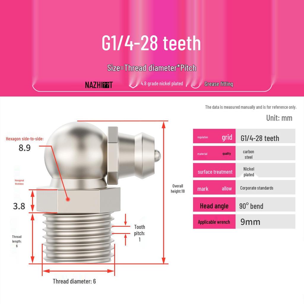 Nickel-Plated Iron Bent Grease Nipple Grease Gun Head M6-M14 G1/8