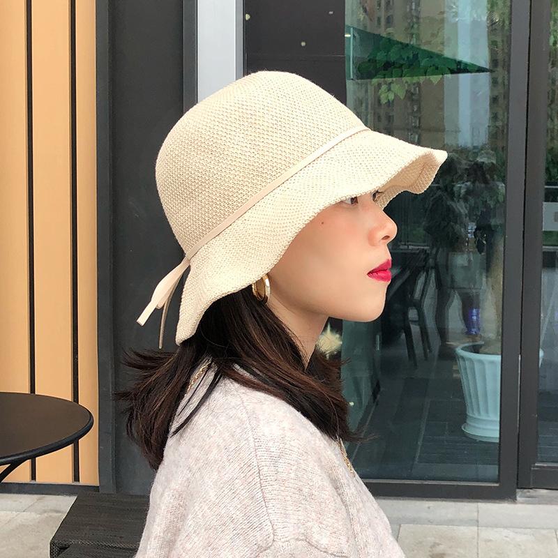 Bow wavy edge knitted bucket hat female tide brand casual versatile adjustable basin hat shows small face