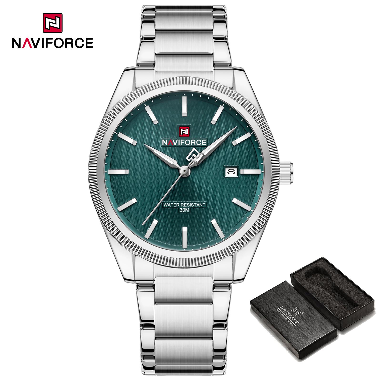 

Naviforce Оригінальний простий чоловічий годинник з календарем, кварцовий механізм, люмінесцентна стрілка, водозахист 3 АТМ, ремінець з нержавіючої сталі, чоловічий годинник NF9276S срібний/зелений