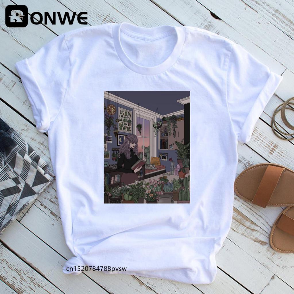 Women Aesthetic Room Drawing Black Graphic T Shirt Girl Harajuku 90S Clothes Female Top Tee Drop