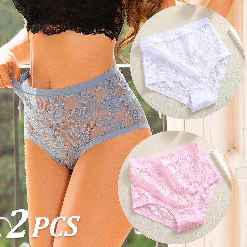 FINETOO 2Pcs Sexy Floral Lace Panties High Waist Lace Briefs Hollow Out See-Through Romantic Lingerie Fashionable Underpants Underwear