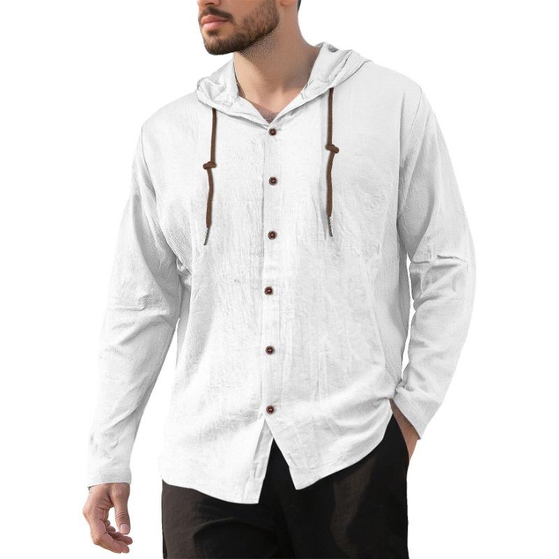 Men's Simple Cotton and Linen Casual Loose Breathable Long-sleeved Solid Color Hooded Shirt