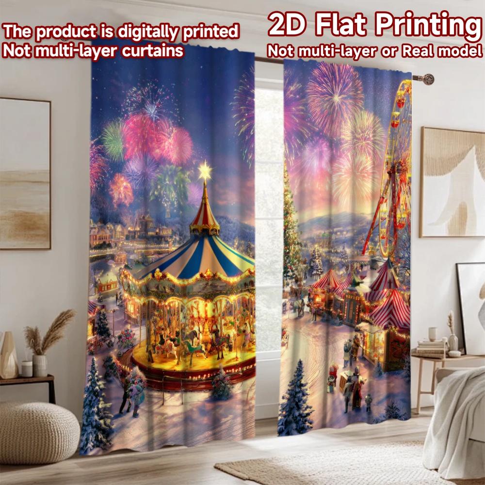 2D flat printing 2pcs Curtains Christmas Village Night Carnival Carousel Ferris Wheel Digital Printed Polyester Drapes Birthday