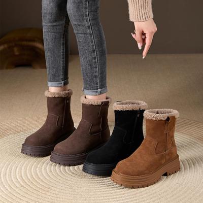Damen Winter Chunky Plateau Schneestiefel Mit Reißverschluss Zum Hineinschlüpfen Knöchel Stiefeletten Mit Kunstpelzgefüttertem Wildleder Flauschig Warm Gehen Kurze Stiefel Schuhe für Damen