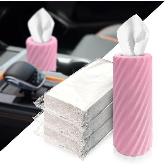 Car Tissue Holder, Refillable Round Cylinder with 3 Tissue Packs, Universal Fit for Vehicle Cup Holder, Home & Office, Car Accessories Interior