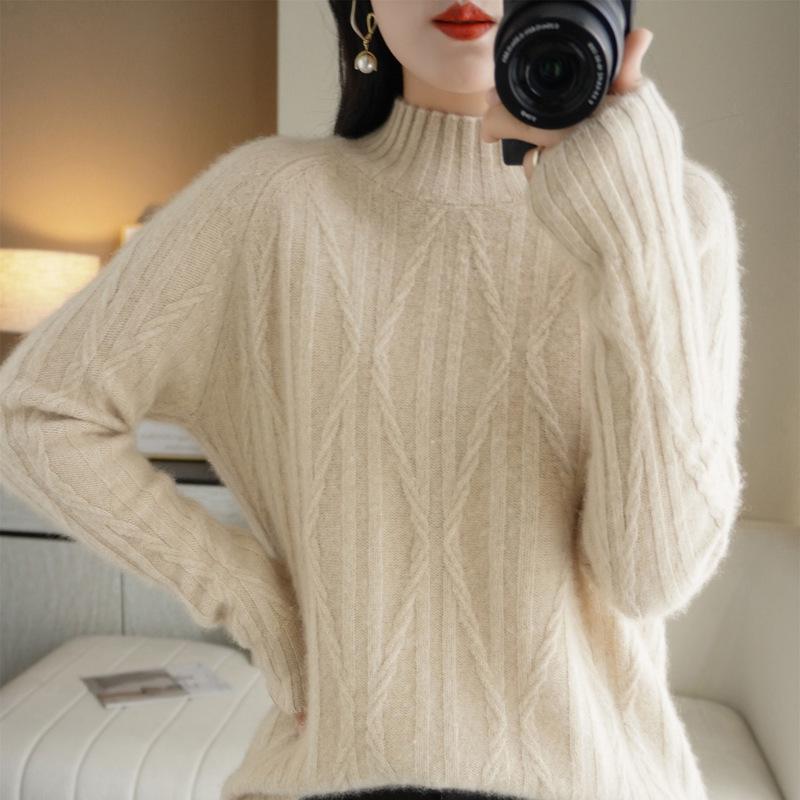 Women's Diamond Pattern Cashmere Cable Knit Wool Sweater, High Neck Pullover for Autumn and Winter