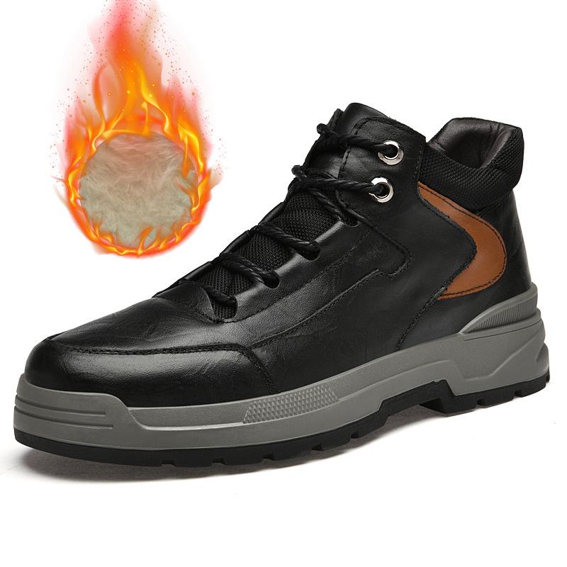 Men's Oversized Casual Leather Shoes - Autumn/Winter, Thick Cotton, Youth Hiking and Outdoor Workwear Shoes