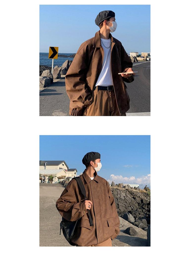 Men's Trendy Autumn/Winter American Style Brown Leather Bomber Jacket with Matte Finish and Padded Shoulders
