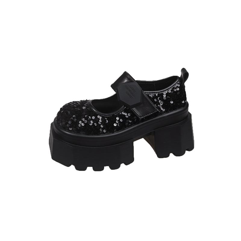 

Fashion 8CM Blingbling Leather Chunky Heels Pumps Spring Summer Ankle Boots Mary Jane Chunky Heels comfort Platform Women Shoes 34 чёрный