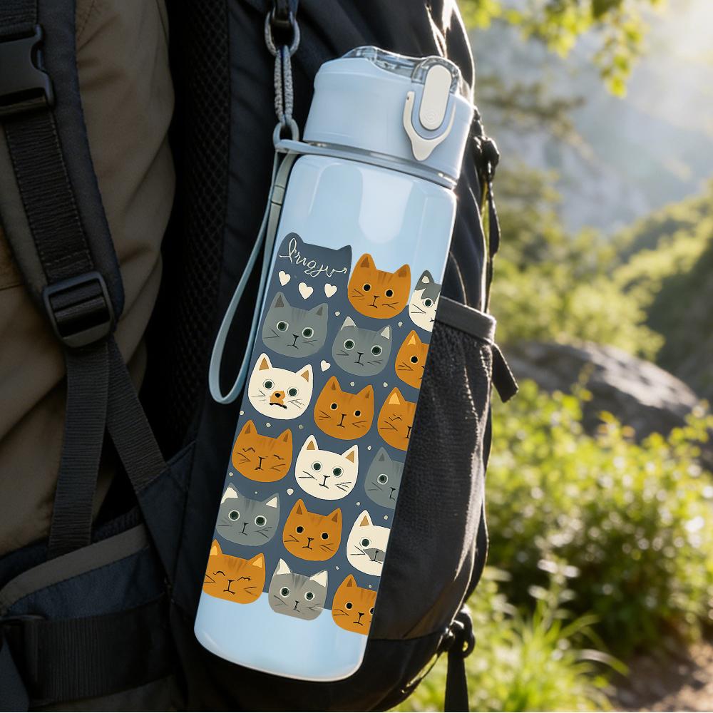 1 PZ Gatto Cartone Animato Layout a Griglia 750ml Colore Plastica Borraccia Sportiva Tappo Flip con Cannuccia Anti-perdita Per Sport Ufficio Uso Domestico