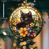 Solfångare med Svart Katt och Blommor, Semester Hängande Dekoration, Fönsterdekoration utan El för Jul, Påsk, Universell Semesterpresent för Katt