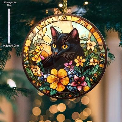 Sonnenfänger mit schwarzer Katze und Blumen, Feiertags-Hängedekoration, Stromlose Fensterdekoration für Weihnachten, Ostern, Universelles Feiertagsgeschenk für Katze