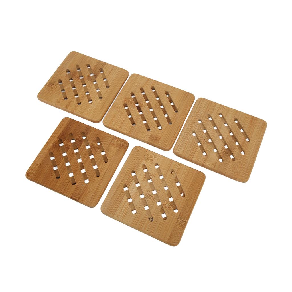 5 Pcs Bamboo Hot Pad Table Mat Bamboo Trivet Pot Mat Heat Resistance for Hot Dishes Pot Bowl Teapot Quadrate 15CM