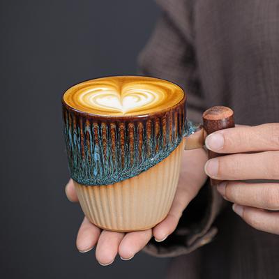 Coarse Pottery Coffee Cup Medieval Cup Wooden Handle Mug Niche Kiln Change Japanese Retro Ceramic Water Cup Afternoon Tea Cup