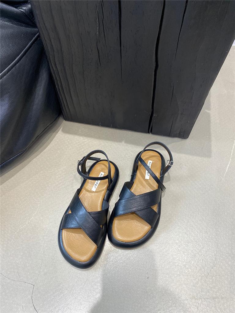 Fashion Fashion Women Sandals Cross Strap Summer Dress Shoes Flat Low Heels Ankle Strap Party Sandals Cross Tied Belt Buckle Size 35-40